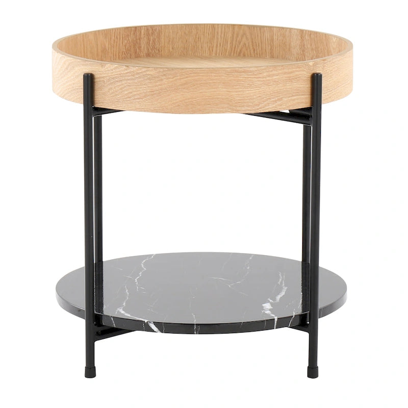 Natural Wood & Black Metal Round End Table with Faux Marble Shelf
