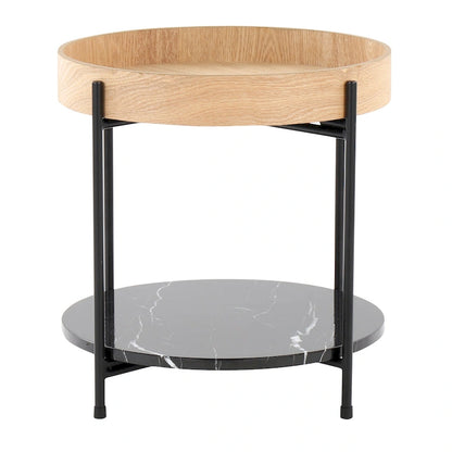Natural Wood & Black Metal Round End Table with Faux Marble Shelf