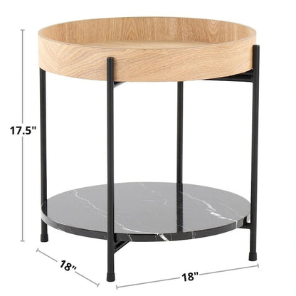 Natural Wood & Black Metal Round End Table with Faux Marble Shelf