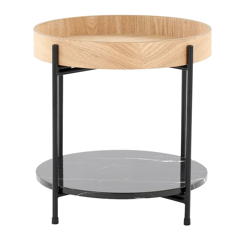Natural Wood & Black Metal Round End Table with Faux Marble Shelf