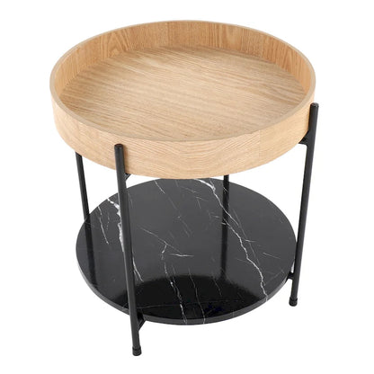 Natural Wood & Black Metal Round End Table with Faux Marble Shelf