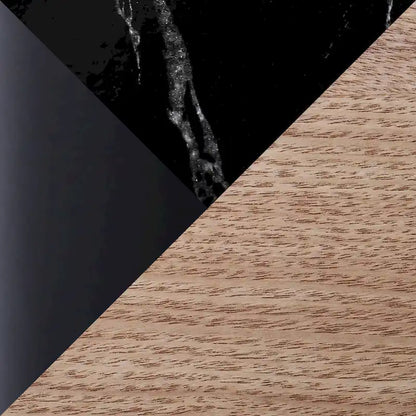 Natural Wood & Black Metal Round End Table with Faux Marble Shelf
