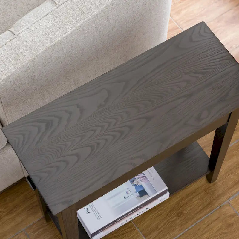 Brown / Grey / Beige Narrow Side End Table with Drawer and Shelf