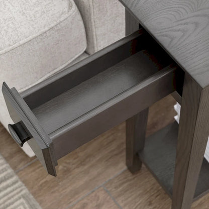 Brown / Grey / Beige Narrow Side End Table with Drawer and Shelf