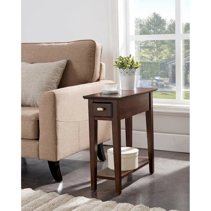 Brown / Grey / Beige Narrow Side End Table with Drawer and Shelf