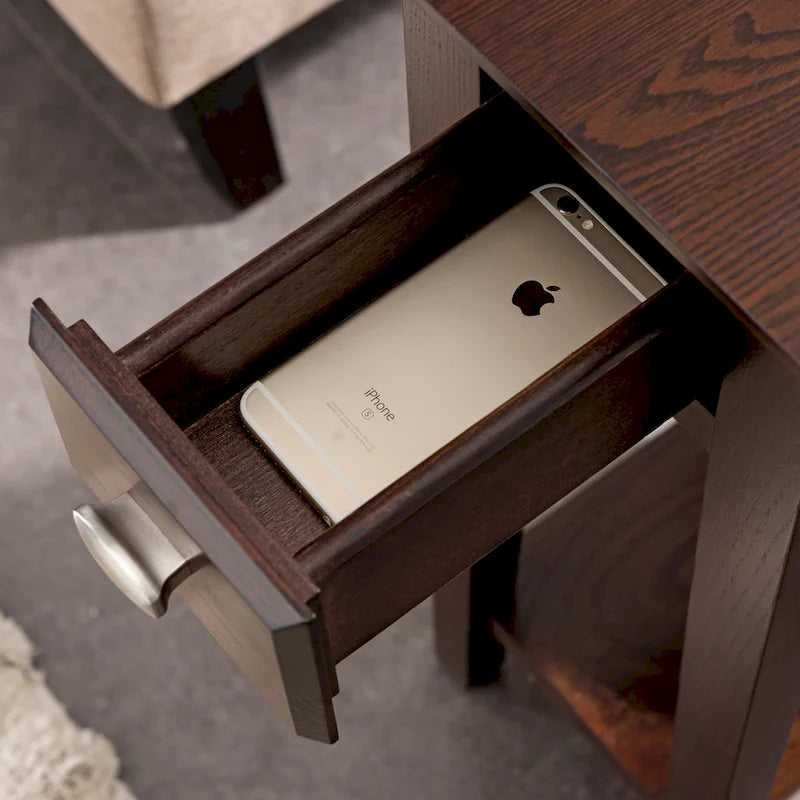 Brown / Grey / Beige Narrow Side End Table with Drawer and Shelf