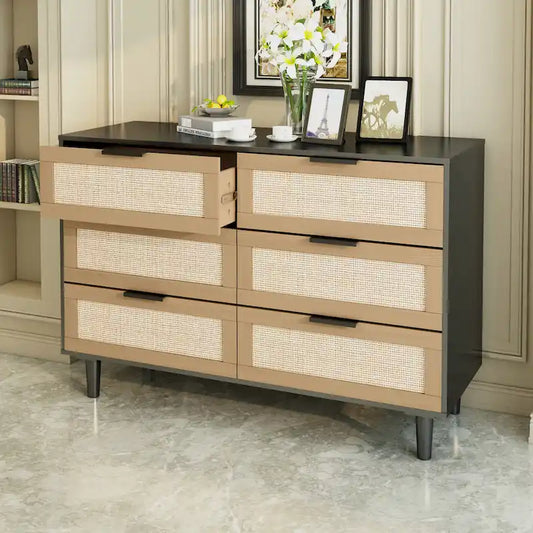 6-Drawer Rattan-Front Dresser – Wood Color / Black