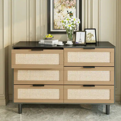 6-Drawer Rattan-Front Dresser – Wood Color / Black
