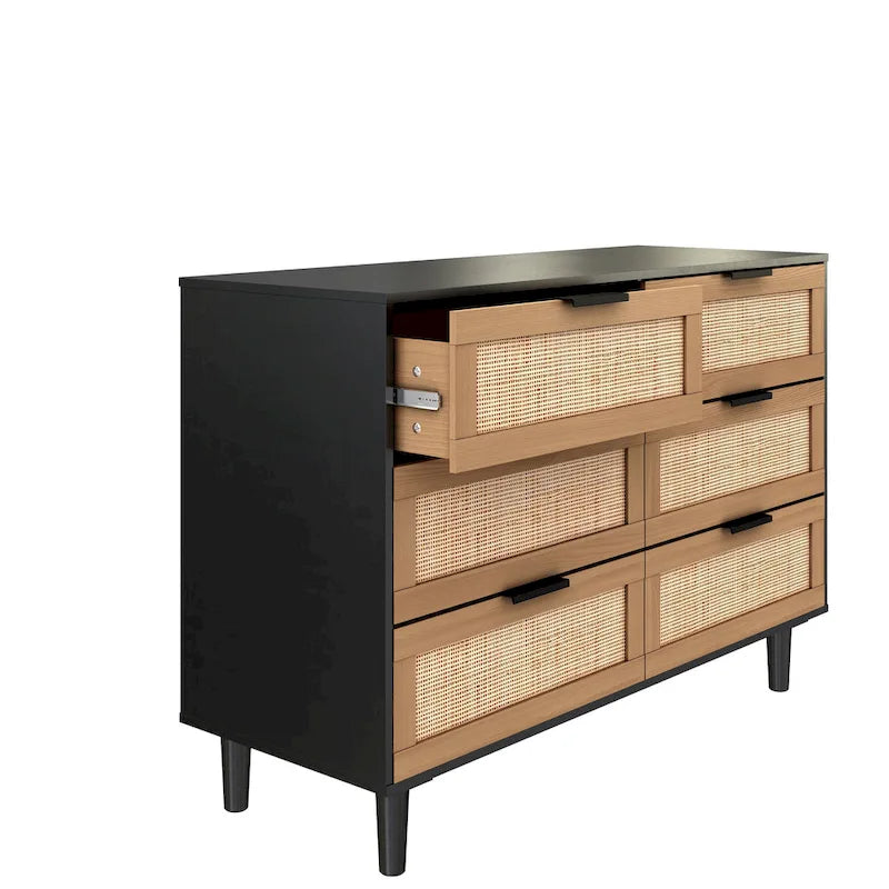 6-Drawer Rattan-Front Dresser – Wood Color / Black