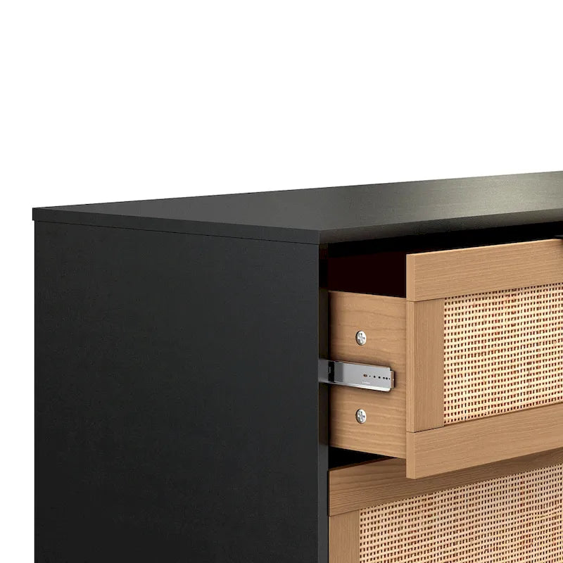 6-Drawer Rattan-Front Dresser – Wood Color / Black