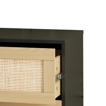 6-Drawer Rattan-Front Dresser – Wood Color / Black