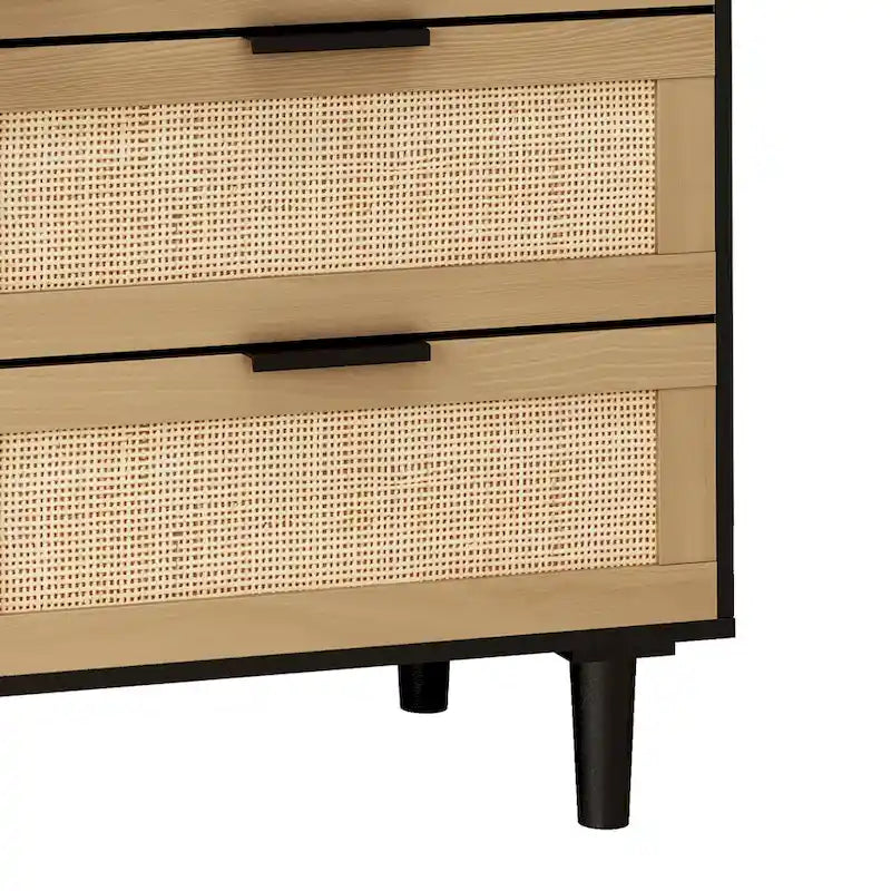 6-Drawer Rattan-Front Dresser – Wood Color / Black