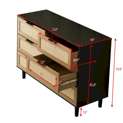 6-Drawer Rattan-Front Dresser – Wood Color / Black
