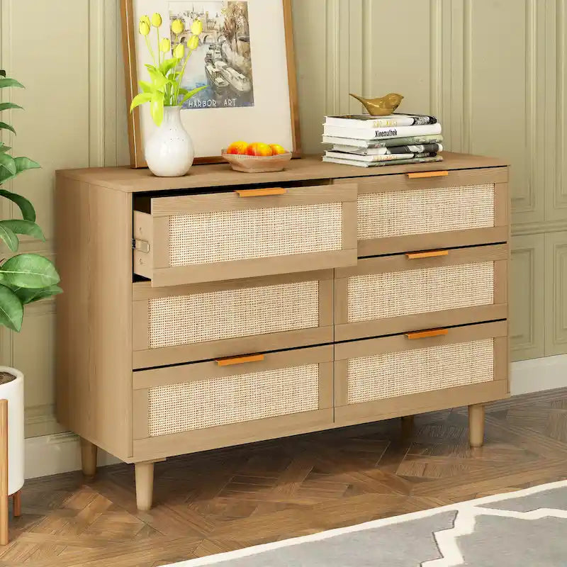 6-Drawer Rattan-Front Dresser – Wood Color / Black