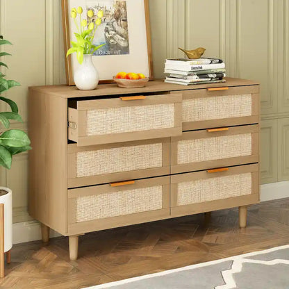 6-Drawer Rattan-Front Dresser – Wood Color / Black
