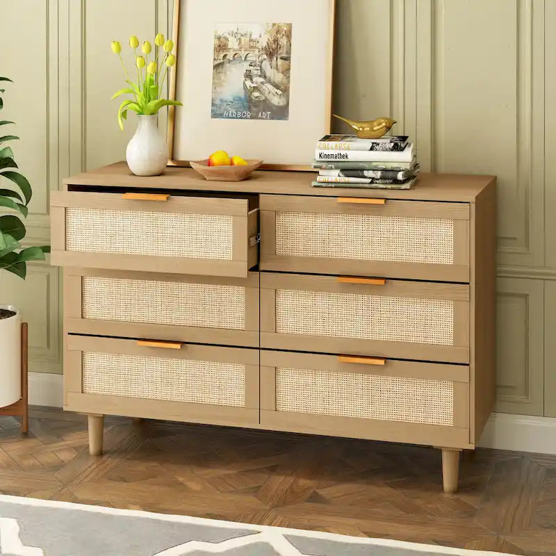 6-Drawer Rattan-Front Dresser – Wood Color / Black