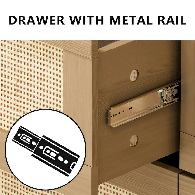6-Drawer Rattan-Front Dresser – Wood Color / Black