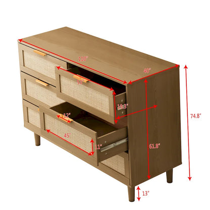 6-Drawer Rattan-Front Dresser – Wood Color / Black