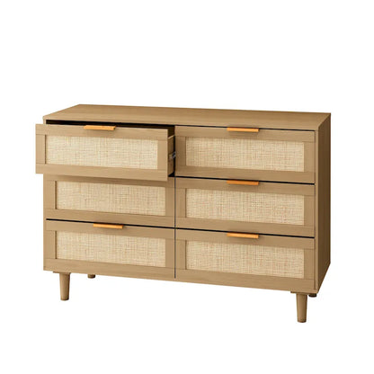 6-Drawer Rattan-Front Dresser – Wood Color / Black