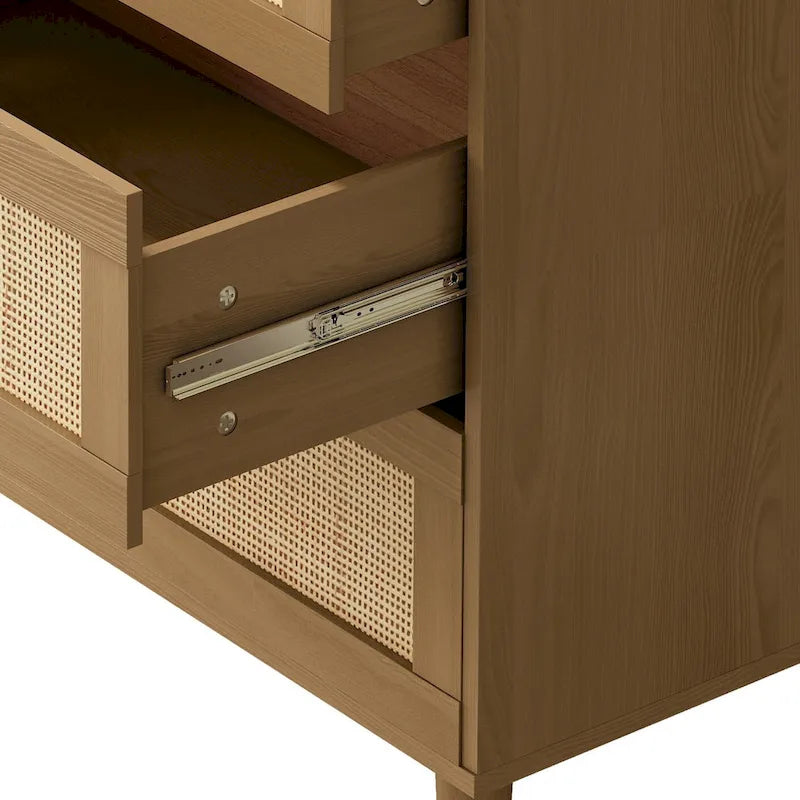 6-Drawer Rattan-Front Dresser – Wood Color / Black