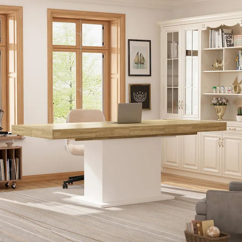 White / Black Extendable Dining Table, I-Shaped Legs, Seats 6–8