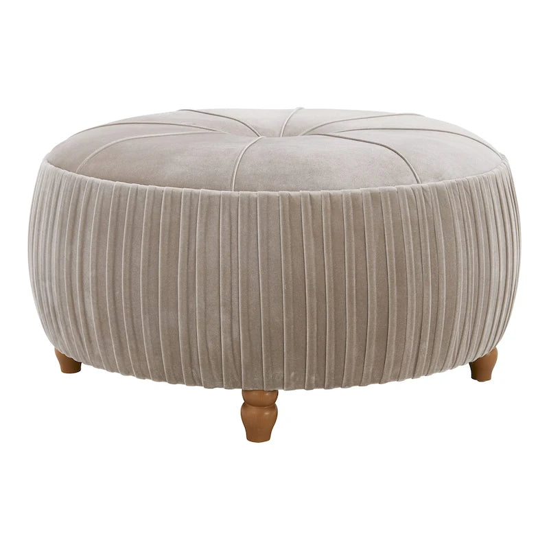 Chamoise / Emerald Pleated Velvet Round Ottoman, 1-Seat