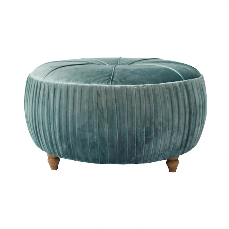 Chamoise / Emerald Pleated Velvet Round Ottoman, 1-Seat