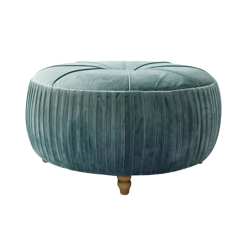 Chamoise / Emerald Pleated Velvet Round Ottoman, 1-Seat