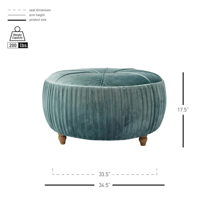 Chamoise / Emerald Pleated Velvet Round Ottoman, 1-Seat