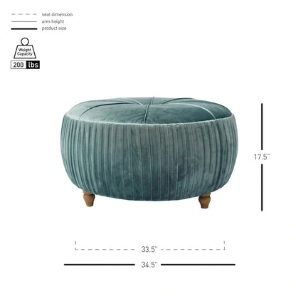 Chamoise / Emerald Pleated Velvet Round Ottoman, 1-Seat