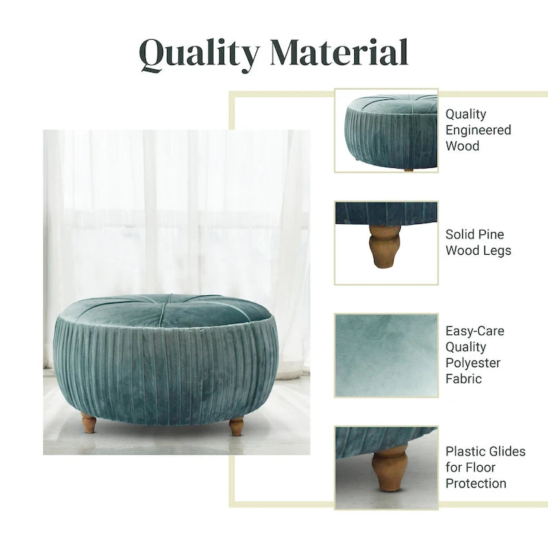 Chamoise / Emerald Pleated Velvet Round Ottoman, 1-Seat