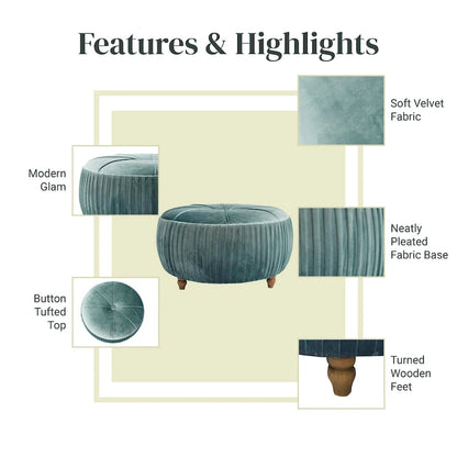 Chamoise / Emerald Pleated Velvet Round Ottoman, 1-Seat