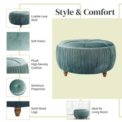Chamoise / Emerald Pleated Velvet Round Ottoman, 1-Seat