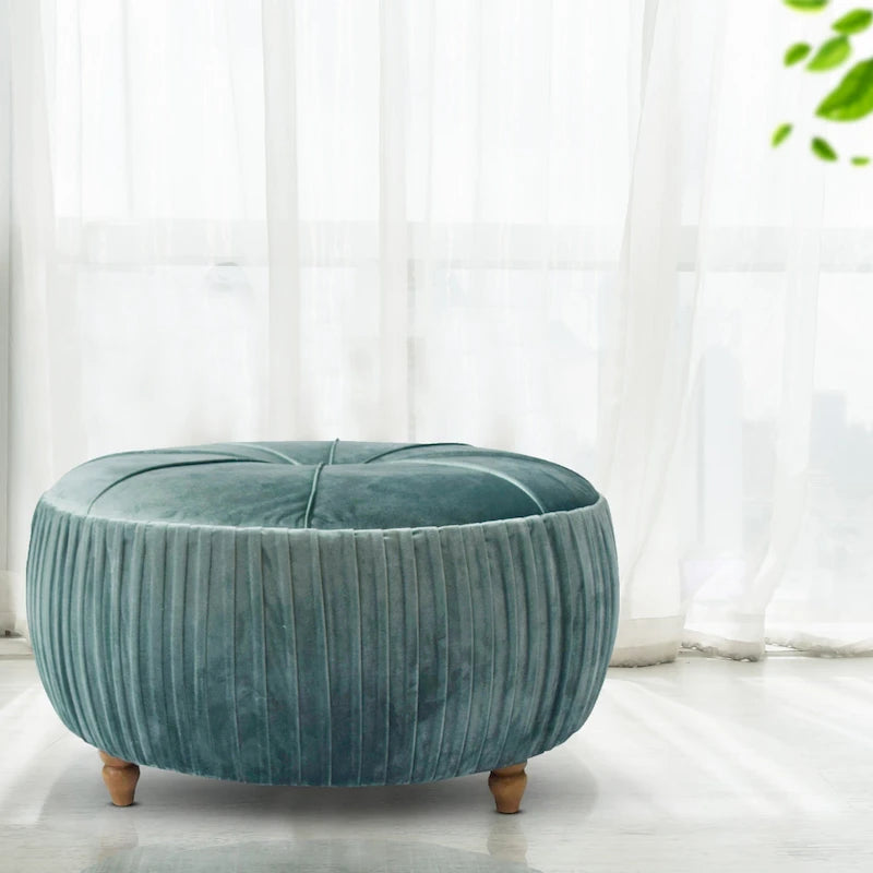 Chamoise / Emerald Pleated Velvet Round Ottoman, 1-Seat