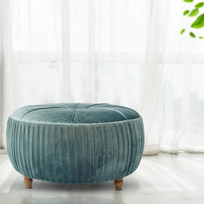 Chamoise / Emerald Pleated Velvet Round Ottoman, 1-Seat