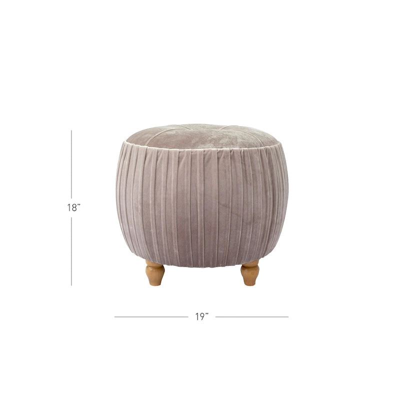 Chamoise / Emerald Pleated Velvet Round Ottoman, 1-Seat