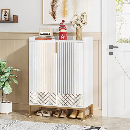 5 Tier Shoe Cabinet with Doors 25 Pairs White Wood Shoes Organizer