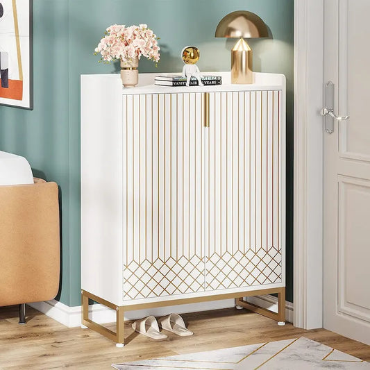 5-Tier Shoe Cabinet with Doors and Gold Accents