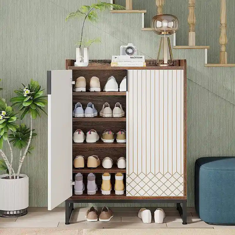 5-Tier Double-Door Shoe Cabinet – White / Brown / Rustic Brown / Grey, Holds 25 Pairs