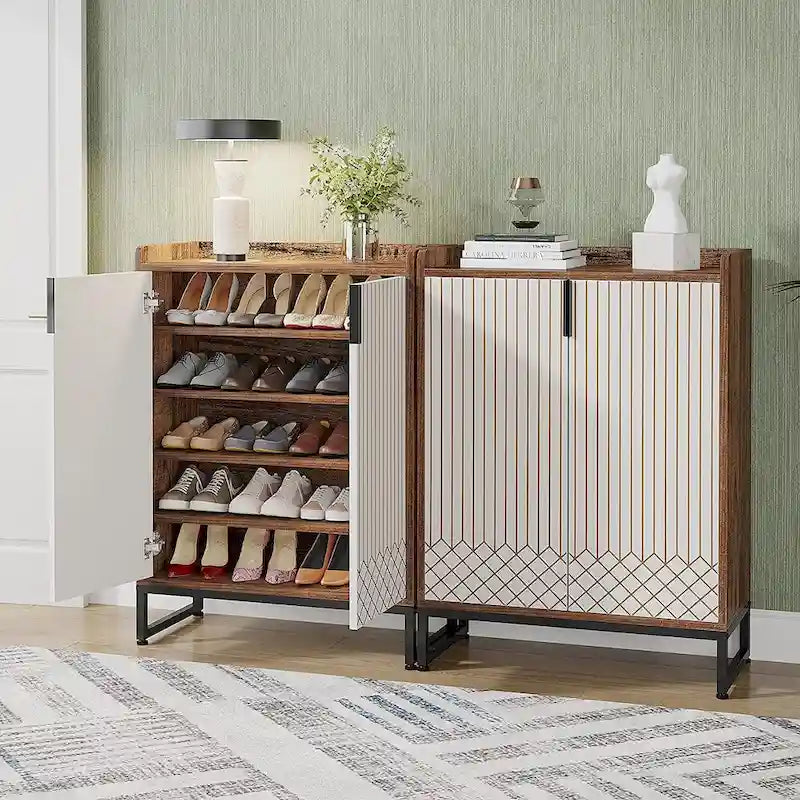 5-Tier Double-Door Shoe Cabinet – White / Brown / Rustic Brown / Grey, Holds 25 Pairs