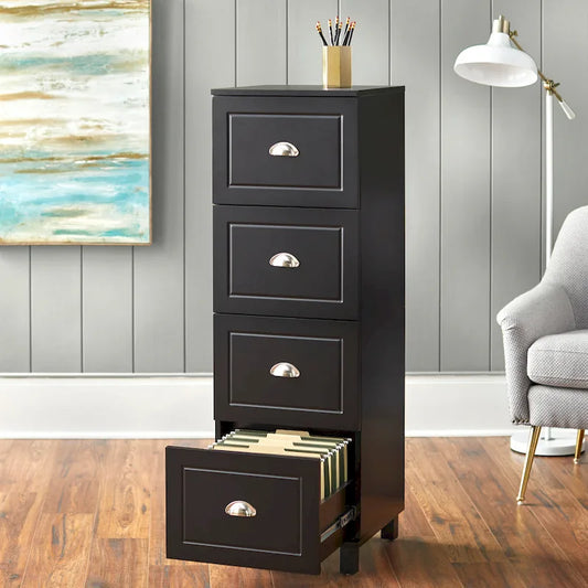 Black / Espresso / White 4-Drawer Filing Cabinet, Contemporary Style, Single-User