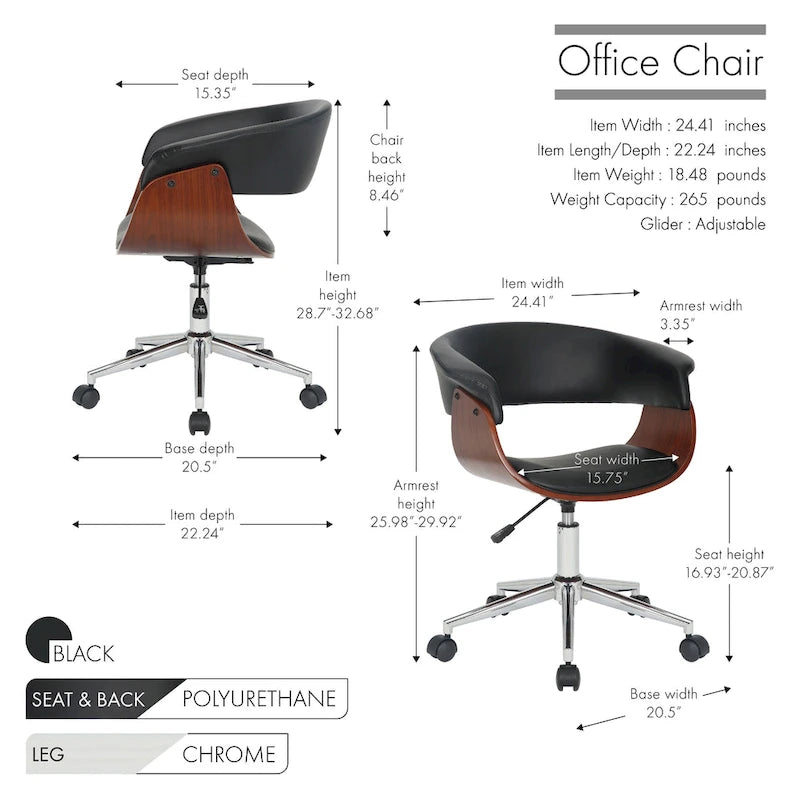 Faux Leather Office Chair with Chrome Base and Curved Wood Seat