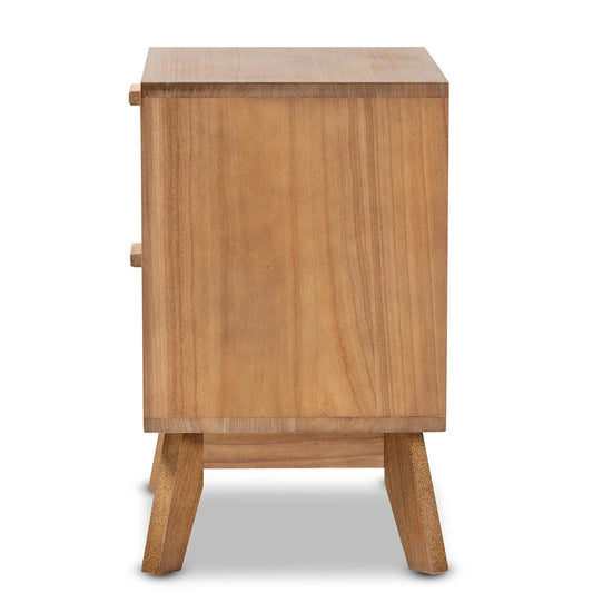 Baxton Studio Baden Mid-Century Modern Walnut Brown Finished Wood 2-Drawer End Table with Rattan
