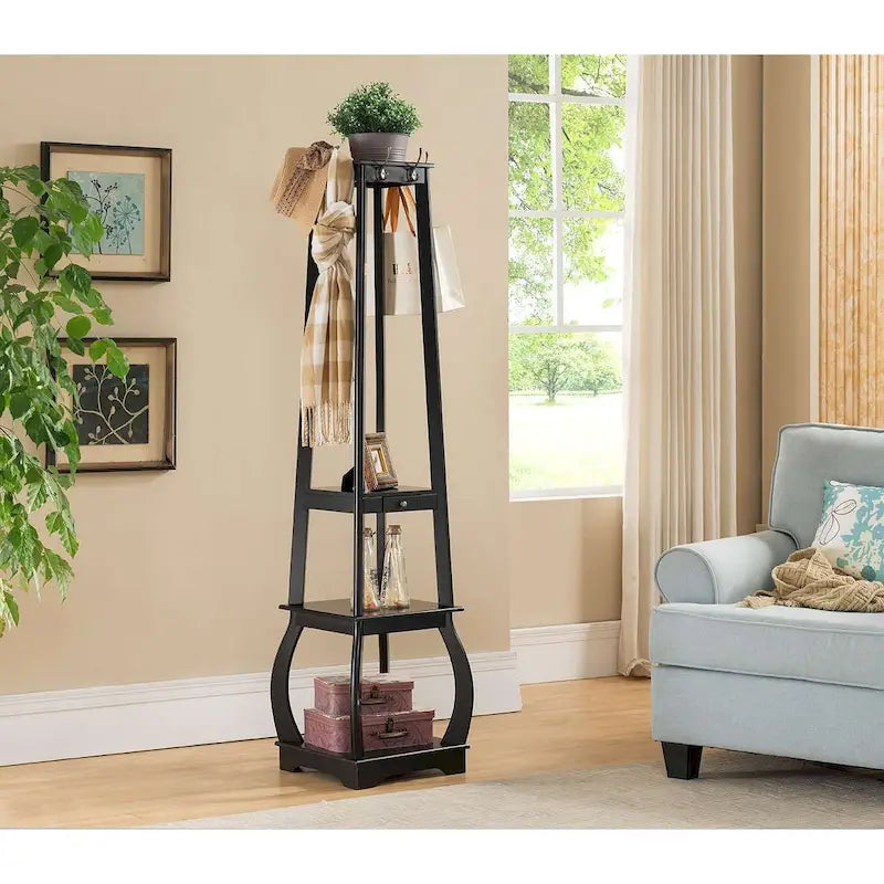 Black/White/Walnut/Cherry 3-Tier Tower Coat Rack with Shelves & Drawer