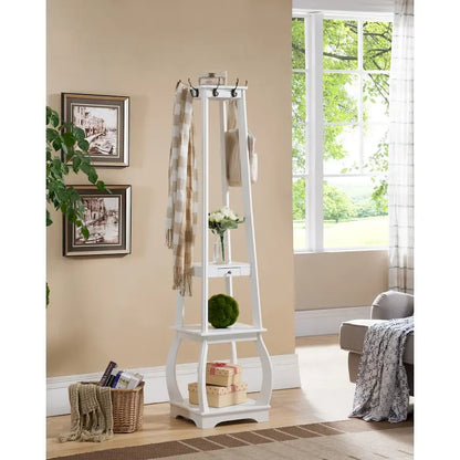 Black/White/Walnut/Cherry 3-Tier Tower Coat Rack with Shelves & Drawer