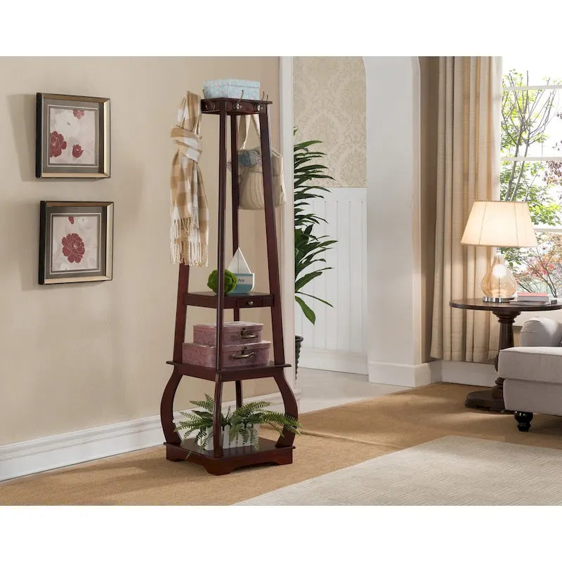 Black/White/Walnut/Cherry 3-Tier Tower Coat Rack with Shelves & Drawer