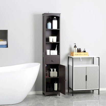 HOMCOM Bathroom Storage Cabinet, Free Standing Bath Storage Unit, Tall Linen Tower with 3-Tier Shelves and Drawer, Brown
