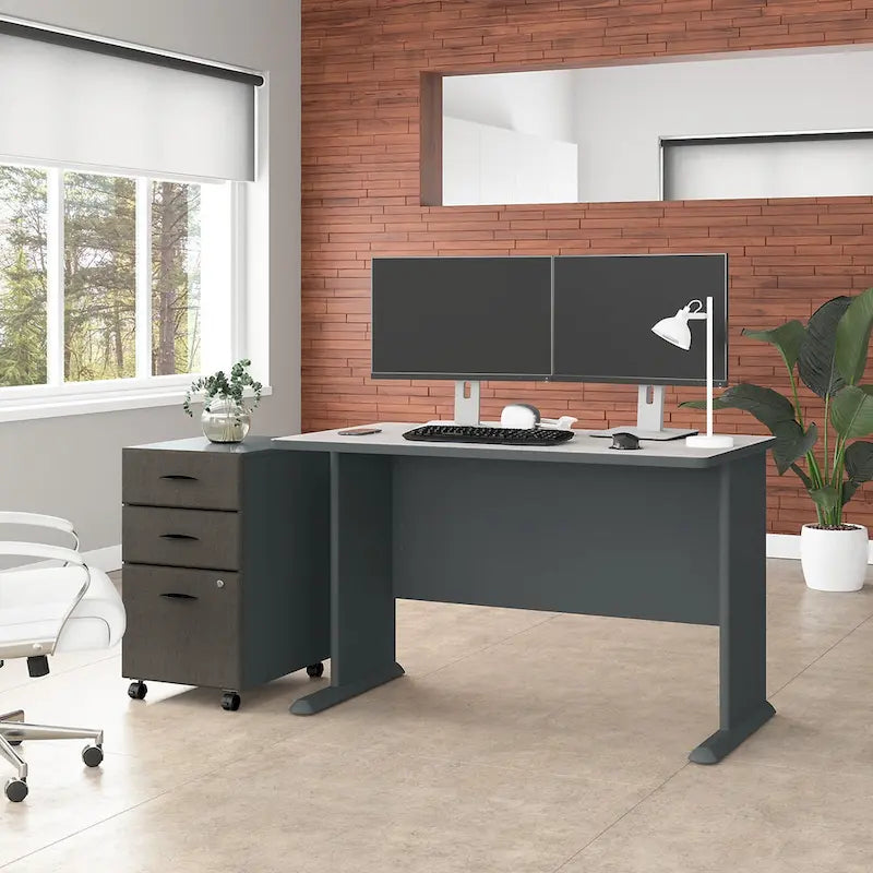 Slate/White Spectrum – 48W C-Leg Desk with 3-Drawer Mobile File Cabinet, 1-Person