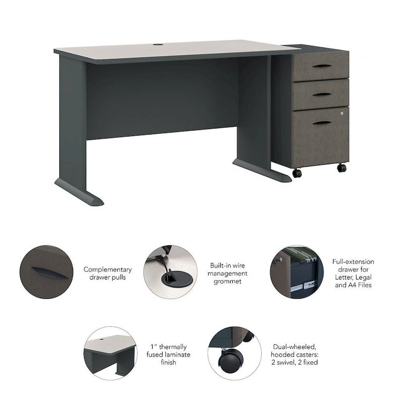 Slate/White Spectrum – 48W C-Leg Desk with 3-Drawer Mobile File Cabinet, 1-Person