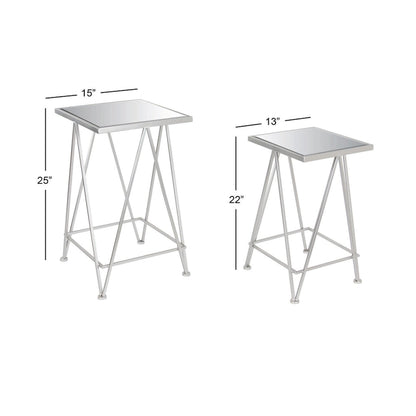 Gold, Silver or Black Metal Contemporary Accent Table with Mirrored Glass Top (Set of 2) - 15 x 15 x 25